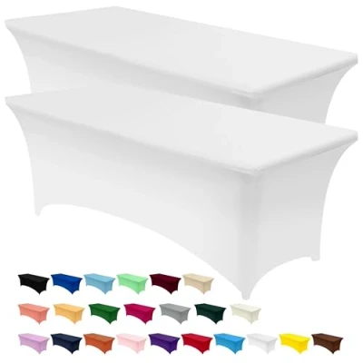 Abbildung von Utopia Kitchen Spandex Tischtuch 2 Pack [8FT, Weiß] Angepasst, Waschbar und Faltenfrei Stretch Rechteckige Terrasse Tischabdeckung für Veranstaltung, Hochzeit, Bankett &amp; Partys [244Lx76Wx76H] cm