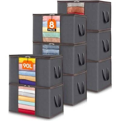 Abbildung von Lifewit 8 Stück 90L Aufbewahrungstasche, Aufbewahrungsbox mit Deckel, Groß Kleideraufbewahrung Umzugskartons, Faltbare Aufbewahrung Boxen für Bettdecken Kleidung Unterbett Kleiderschrank, Grau