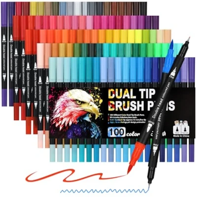 Abbildung von Owelth Brush Pen Set, 100 Farben Dual Tip Pinselstifte Aquarell Marker, Filzstifte Dicke und Dünne Doppelfasermaler, für Kinder Erwachsene Mandala Fasermaler 1 2 mm/Fineliner 0,4 mm