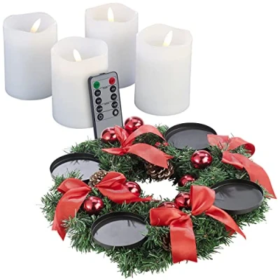 Abbildung von Britesta Advents Deko: Adventskranz mit rotem Schmuck, inkl. LED Kerzen in weiß (Adventdekoration, Adventskranzgestecke, Weihnachten)