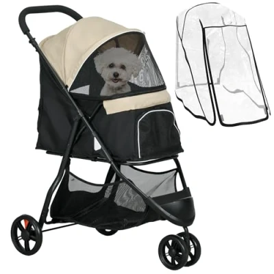 Abbildung von PawHut 2 in 1 Hundewagen Hundebuggy mit Regenschutz klappbar für Hunde &amp; Katzen bis 10 kg Katzenbuggy Kissen Netzfenstern Türen Aufbewahrungskorb Katzenwagen Buggy Khaki