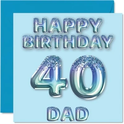 Abbildung von Geburtstagskarte zum 40. Geburtstag für Vater, blaue Glitzer Partyballons, Happy Birthday Karten 40 Jahre alten Vater vom Sohn, Tochter, 145 mm x mm, Geburtstagsgrußkarten, Geschenk