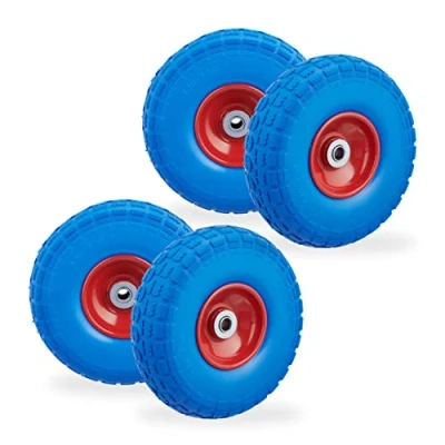 Abbildung von Relaxdays Set of 4 PU Wheelbarrow Tyres Blue/Red Stück Schubkarrenreifen Pannensicher Vollgummi 4.1/8.9 10.2 cm 16mm Achse Ersatzrad Blau/Rot, 70% Gummi 30% Stahl, inches