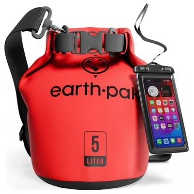 Abbildung von Earth Pak Wasserdichter Packsack mit Schultergurt und wasserfester Handyhülle Ideale Rolltop Tasche beim Kajak Fahren, Wandern, Camping, Angeln, Bootfahren Rafting (Rot, 40L)