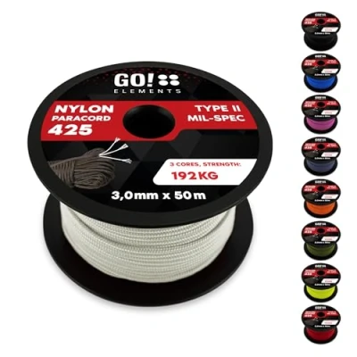 Abbildung von GO!elements 50m Paracord Seil aus reißfestem Nylon 3mm 425 Typ II max. 192kg Schnüre als Outdoor Seil, Allzweckseil, Survival Armband, Hundeleine, Nylonschnur, Farbe: Weiß