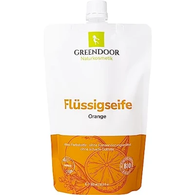 Abbildung von GREENDOOR Bio Flüssigseife Orange Nachfüller 500ml vegan, hautmilde Natur Seife natürlich ohne Parabene Sulfate Tierversuche, flüssige Handseife biologisch abbaubar