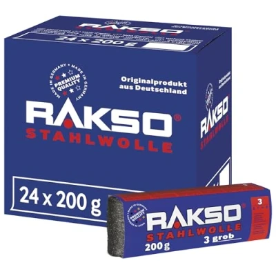 Abbildung von RAKSO Stahlwolle grob 3 4,8 kg, 24 Banderolen à 200g, verstärkt natürliche Maserung v. Holz, äubert Glas, aufrauen von altem Lack, Farbe