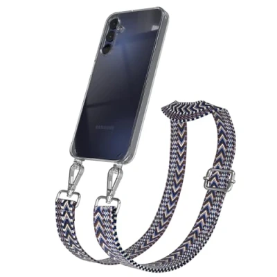 Abbildung von EAZY CASE Handykette mit verstellbarem Trageriemen kompatibel Samsung Galaxy A15 Taschengurt transparenter Handyhülle für Hülle dünner Schulterriemen in Blau Weiß Silber
