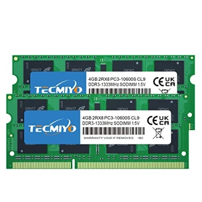Abbildung von TECMIYO 8GB DDR3 (2x4GB) PC3 10600S 1333MHz Sodimm RAM 2RX8 Dual Rank CL9 204 Pin 1,5V Non ECC Ungepufferter Laptop Speicher für Intel AMD und Mac System