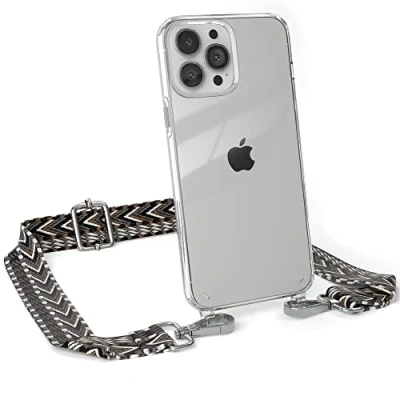 Abbildung von EAZY CASE Handykette Verstellbarer Gurt kompatibel mit iPhone 13 Pro Max, Schulterriemen, Flache Kordel, Handykordel Hülle, Hülle Kette, Anthrazit/Schwarz Metall Silber