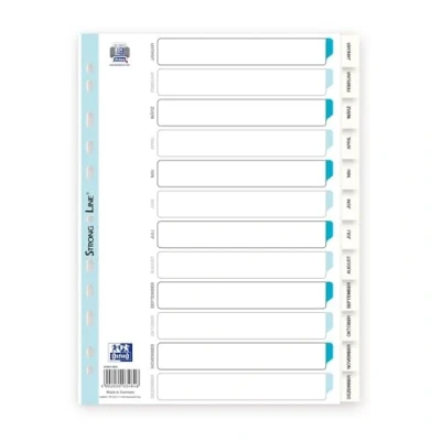 Abbildung von Oxford 400013900 Kunststoff Register Strong Line Jan Dez 12 teilig für DIN A4 Plastikregister mit beschriftbarem Deckblatt weiß Ringbuch Ordner Ring Mappe