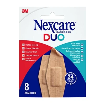 Abbildung von Nexcare DUO Pflaster, Verschiedene Größen, 8 Pflaster pro Packung, Schmerzfreies Entfernen, Wasserresistente für Wunden und kleine Kratzer, Erste Hilfe Kits