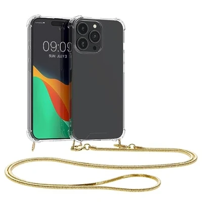 Abbildung von kwmobile Schutzhülle kompatibel mit iPhone 15 Pro Max Hülle Handykette Silikon Handyhülle Cover Case Transparent Gold