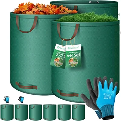 Abbildung von KESSER® Gartensack 6X 272L Set Laubsack Gartenabfallsack inkl. Handschuhe Selbststehend 4 Griffe Stabil Robust &amp; Faltbar Laubsäcke Rasenschnitt Gartensäcke für Gartenabfälle Grünschnitt Grau