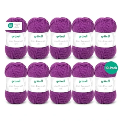 Abbildung von Gründl Wolle Lisa Premium Uni Strickgarn aus 100 % Polyacryl, Garn zum Häkeln/ Stricken 50 g / 133 m, 10 x Knäuel, Nadel: 3,5 4,5, Purpur