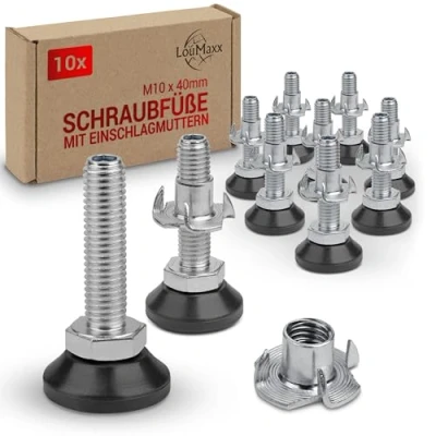 Abbildung von LouMaxx Stellfüße M10 x 40 mm inkl. Einschlagmutter 10er Set Regulierschraube höhenverstellbare Füße Schraubfuß Maschinenfuß, Schraubfüße höhenverstellbar M10x40