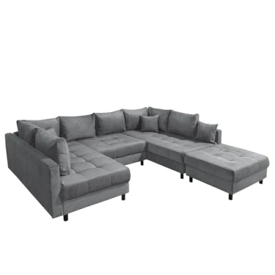 Abbildung von riess ambiente Wohnlandschaft KENT 305cm anthrazit / schwarz · inkl. Hocker U Form XXL Couch, Einzelartikel 1 Teile, Ecksofa Wohnzimmer mit Federkern Cord Bezug Modern Design