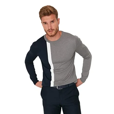 Abbildung von TRENDYOL MAN Herren Colorblock Slim Sweater mit Rundhalsausschnitt Sweatshirt, Navy Blue, L EU