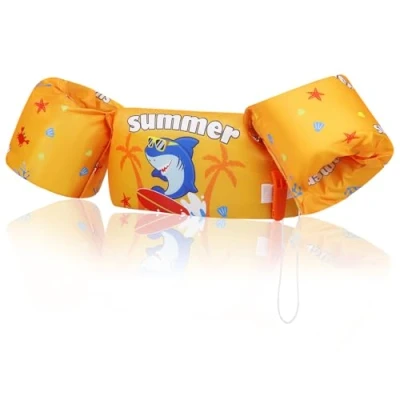 Abbildung von MoKo Kinder Schwimmflügel, Cartoon Schwimmende Badeanzug Schwimmtraining Jacke Schwimmflügel mit Sicherheitsschnalle für Jungen Mädchen, 20 bis 50 lb, Gelber Hai Skateboard