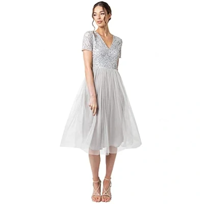 Abbildung von Maya Deluxe Damen Midi Kleid mit V Ausschnitt, Verziert Brautjungfernkleid, Soft Grey, 48 EU (20 UK)