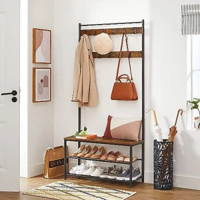 Abbildung von ACAZA Garderobenständer mit 11 Gaderobenhaken und Schuhregal Sitzfläche, Flurgarderoben Set aus Vintage Holz Metal im Industrial Design, Kleiderständer Maße B 85 xH 175 x T 32 cm