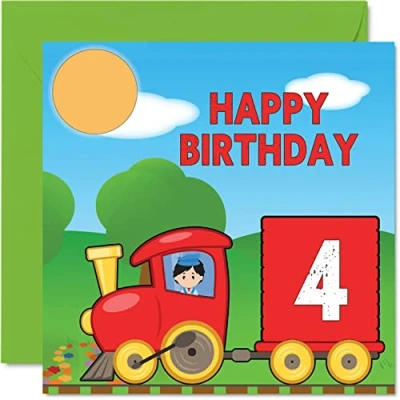 Abbildung von Stuff4 Geburtstagskarte zum 4. Geburtstag, Unisex, Zug Happy Birthday, Karte für 4 Jahre, Sohn, Tochter, Bruder, Schwester, Enkelin, Nichte, Neffen, Cousin, 145 mm x