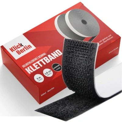Abbildung von Klick Berlin Klettband selbstklebend Schmal 1,6 cm x 3 m Klett Klebeband klebt auf vielen Flächen Klettverschluss 16 mm breit, Meter lang Schwarz