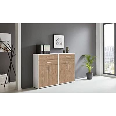 Abbildung von Schrankwand TABOR 17 Büroregal Aktenschrank Büroschrank in diversen Farbvarianten (weiß/Gold Harbor Oak)