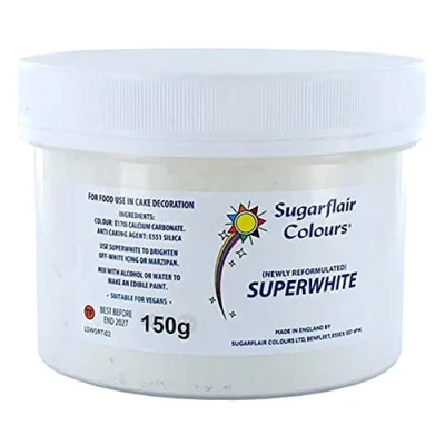 Abbildung von Sugarflair Superwhite Icing Whitener, Zuckerguss Whitemacher für Royal Icing, Extra Whiteer Essbarer Lebensmittelfarbe 150g