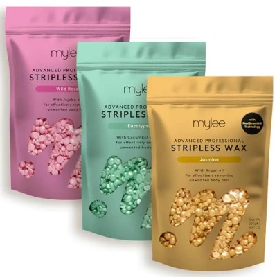Abbildung von Mylee Advanced Wachs Set 3x250g [Jasmin, Eukalyptus, Wildrose] Professionelle streifenlose Hartwachsperlen, schmerzlose Haarentfernung, keine Streifen nötig, abziehbares Heißwachs, Ganzkörper, Gesicht