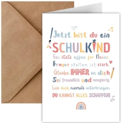 Abbildung von Einschulungskarte mit Mutmachsprüchen für Schulkind inkl. Umschlag Karte Schulanfang, Einschulung Junge &amp; Mädchen Klappkarte DIN A6 Glückwünsche Schulstart Baby (Einschulung bunt)