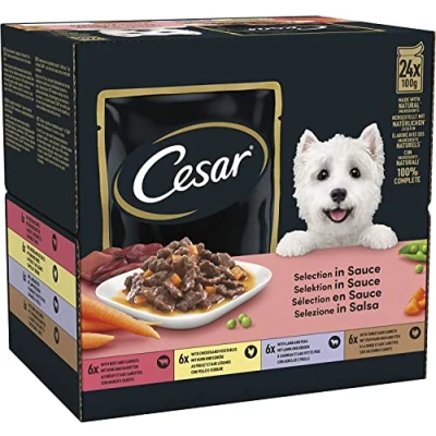 Abbildung von CESAR Adult Hundefutter nass 2x24x100g Portionsbeutel mit Rind, Huhn, Lamm und Truthahn Hundenassfutter in Sauce Ausgewogenes Premium Nassfutter für Hunde 2er Pack