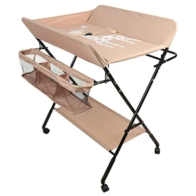 Abbildung von Wickeltisch Klappbarer und tragbarer, Wickelkommode Baby mit Motiv Giraffe, Höhenverstellbar, Rollen 80 * 66 98 cm (beige)