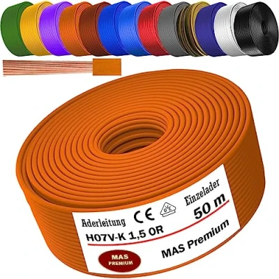 Abbildung von MAS Premium Von 5 bis 100m Aderleitung H07 V K 1x1,5 mm² SW, HBL, GNGE, GN, RT, DBL, BR, OR, GR, WS, VIO, U MAR.BL oder GE Einzelader flexibel (Orange, 50m)