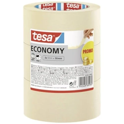Abbildung von tesa Malerband ECONOMY Vielseitiges Klebeband für Malerarbeiten ohne Lösungsmittel Bis zu 4 Tage nach Gebrauch rückstandslos entfernbar (50m x 50mm 3 Rollen, Single)
