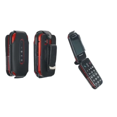 Abbildung von caseroxx Ledertasche mit Gürtelclip kompatibel Panasonic KX TU446 / TU456 TU466 aus Echtleder, Tasche und Sichtfenster in schwarz