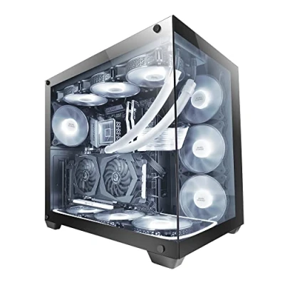 Abbildung von Mars Gaming MCV4 Schwarz, Custom XXL E ATX Tower, Rahmenloses Front und Seitenfenster Gehärtetem Glas, Modularer Doppelkammerrahmen