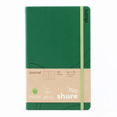 Abbildung von share Journal A5 punktkariert Notizheft spendet eine Unterrichtsstunde für ein Schulkind Upcycling Notizbuch aus Apfelschalen grün