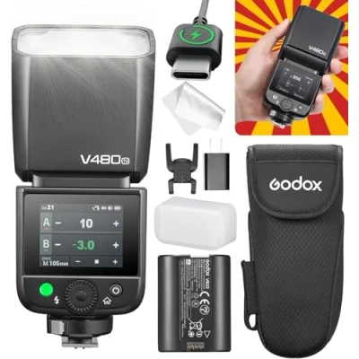 Abbildung von GODOX V480 N Kamera Blitz Flash, V480N Touchscreen Blitzgeräte, TTL HSS 1/8000s Speedlite, Kompatibel mit Nikon Z6III Z8 Z5 Z50II Z50 Zfc Z6II Z30 Z6 Z7II Z9 D3500 D850 D7500 D5600 D750