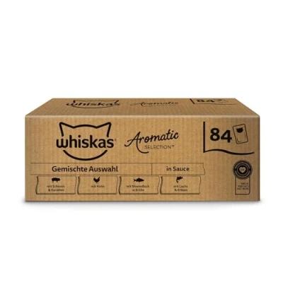 Abbildung von WHISKAS Aromatic Selection Multipack Katzennassfutter 1+, 84x85g 4 Geschmacksrichtungen: Schwein, Huhn, Lachs, Meeresfisch in Sauce
