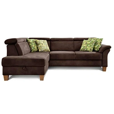 Abbildung von Cavadore Schlafsofa Ammerland mit Ottomane links / Federkern Sofa im Landhausstil verstellbaren Kopfstützen, Bett und Bettkasten 245 x 84 194 Lederoptik braun