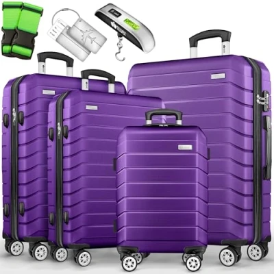 Abbildung von tillvex® Reisekoffer Set 4 TLG. + Gepäckwaage, 8X Koffergurte &amp; 4X Kofferanhänger Kofferset Rollen Trolley Gepäck Koffer TSA Schloss Rollkoffer Hartschalenkofferset S M L XL (Lila)