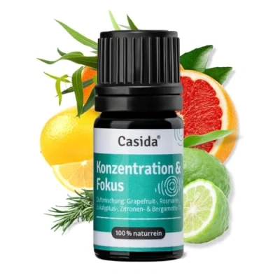 Abbildung von Casida® Konzentration &amp; Fokus Duftmischung ätherische Öle mit Grapefruitöl, Rosmarinöl, Eykalyptusöl, Zitronenöl, Bergamottenöl für eine bessere 5 ml Aus der Apotheke