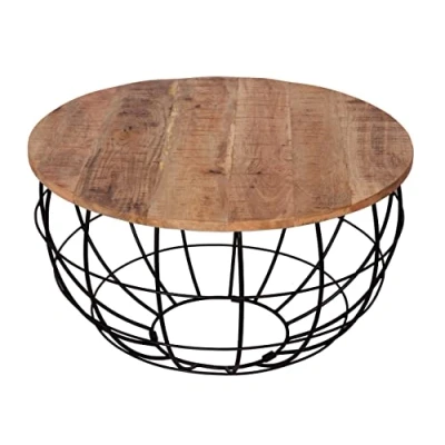 Abbildung von kreatives Wohnen Couchtisch rund ø 75 cm Wohnzimmer Tisch Massivholz London Metall Gitter Drahtgestell Tabacco, Holz, Extra breit