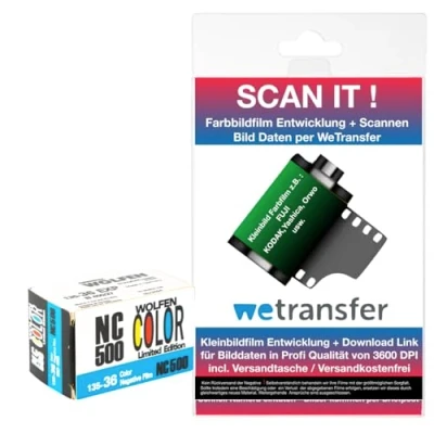 Abbildung von original WOLFEN (ORWO) NC500 Color Kleinbildfilm 400 ASA 36 Bilder mit Scann Entwicklung Daten per WE Transfer Worldwide Shipping