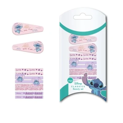 Abbildung von Packung mit 4 Haarnadeln und 8 Haargummis von Stitch, Farbe: Rosa Lila, aus robusten Materialien, inspiriert Originalprodukt, entworfen in Spanien