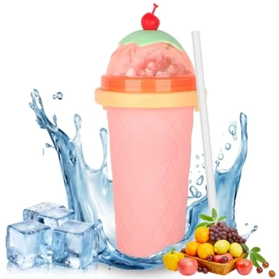 Abbildung von DIY Slush Becher, Silikon Squeeze Cup mit 2 in 1 Strohhalm und Löffel, Eis Becher zum Kneten Smoothie Pinch Ice Cup, Slushy Maker Slushie Rosa