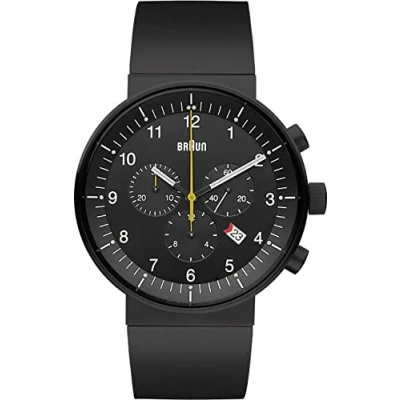 Abbildung von Braun Mens Prestige Chronograph with Date Analogue Quartz Watch, Black Dial and Rubber Strap, 43mm Stainless Steel Case, Model BN0095BKBKBKG.