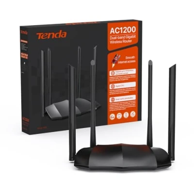 Abbildung von Tenda AC8 Dualband WLAN Router (867Mbit/s 5GHz+300Mbit/s 2,4GHz) 4x6dBi Antennen, 3 Gigabit LAN/WAN Port, Repeater&amp;Access Point Modus, MU MIMO, APP, IPv6, WPS, unterstützt Keine DSL Funktion, Schwarz