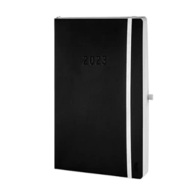 Abbildung von Chronoplan 50943 Buchkalender Kalendarium 2023, im A5 Format (135x210 mm) und mit Softcover, Tagesplaner (1 Tag auf 1 Seite, flexibler Stiftschlaufe, Einmerkband Gummiverschluss), schwarz